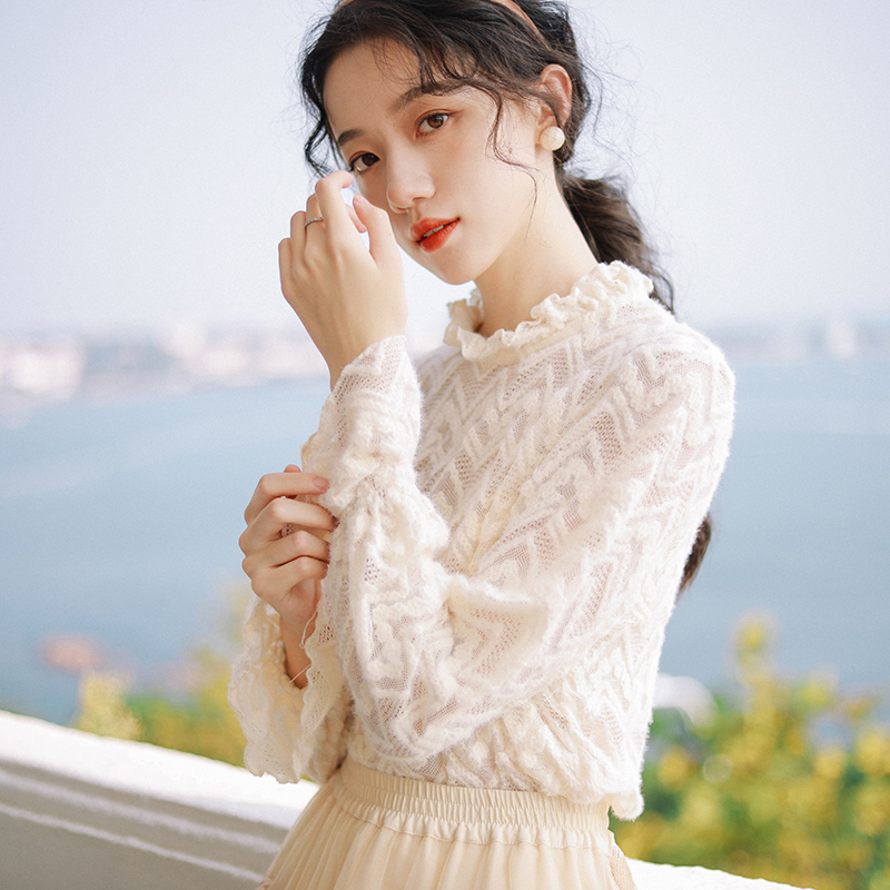 微笑向暖 百搭纯色蕾丝打底衫 半高花边领蕾丝叠穿上衣长袖小衫C