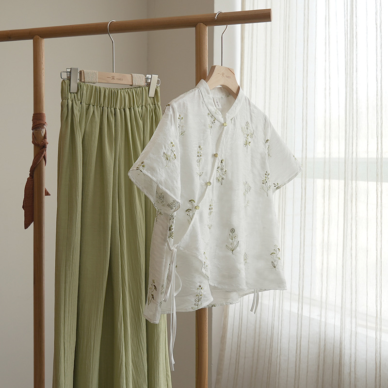 微笑向暖 夏季裤裙显瘦套装女 新中式复古国风重工刺绣短袖衬衫