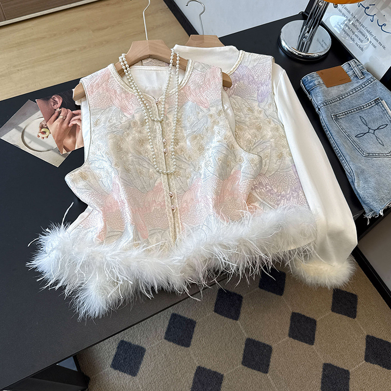 微笑向暖 新中式国风马甲背心鸵鸟毛提花坎肩外搭丝盘扣马夹上衣