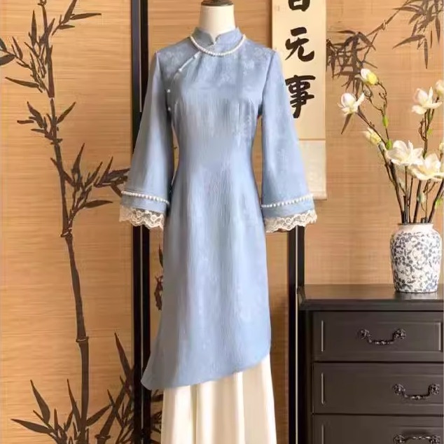 微笑向暖 新中式改良旗袍年轻款气质蓝色长袖连衣裙假两件秋冬款