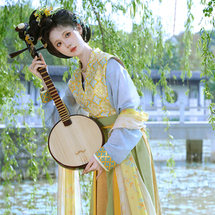 初潋月【洛水浮光】唐制汉服显瘦织锦缎唐褙子齐腰破群垂领衫披帛