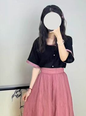 初潋月国风设计白菜汉元素印花唐褙子松紧八破群花苞短裤裙