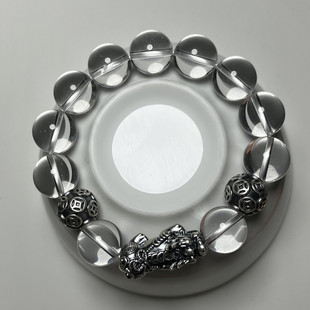 天然白水晶貔貅手链招财转运足银 999银皮丘佛珠手串男款饰品礼物