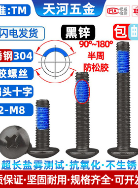 不锈钢304黑锌大扁头十字黑色TM点蓝胶点胶防松防脱落螺丝钉M3-M6