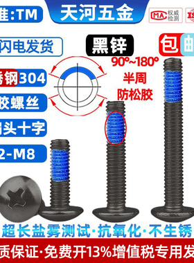 不锈钢304黑锌大扁头十字黑色TM点蓝胶点胶防松防脱落螺丝钉M3-M6