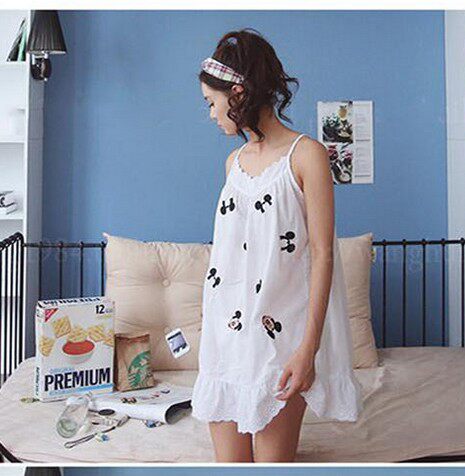 可爱白色米奇吊带睡裙女夏纯棉吊带裙家居服韩版宽松睡衣米老鼠