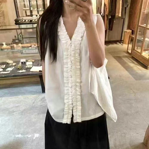 2025夏季韩系木耳边白色无袖衬衫