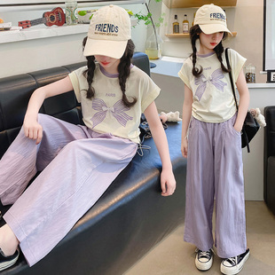 女童短袖t恤套装夏季2026新款阔腿裤子儿童衣服女孩时尚大童夏装