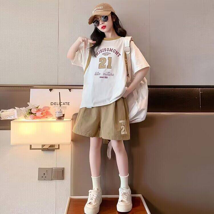 女童夏季套装2025新款纯棉洋气儿童夏装女大童宽松运动短裤两件套