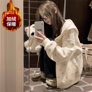 女童奶fufu连帽碎花加绒外套2026新款儿童开衫卫衣秋冬季女生上衣