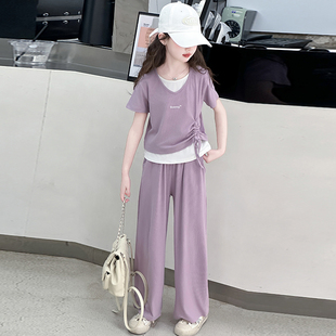 冰絲闊腿褲 女童夏季 女孩大童假兩件T恤兒童夏裝 2025新款 短袖 套裝