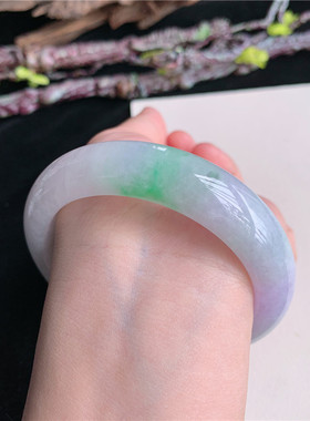 5月新品 鸿玉翡翠57圈口冰糯种紫罗兰飘绿正圈玉手镯女款10U80516