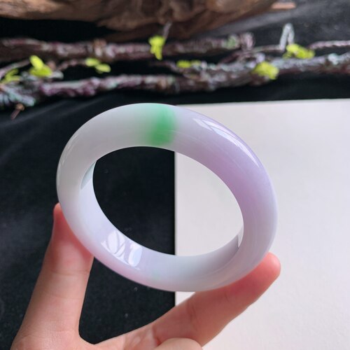 8月新品鸿玉翡翠52圈口冰糯种紫罗兰飘阳绿正圈玉手镯女款7A60812