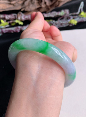 7月新品 鸿玉翡翠57圈口冰糯种紫底飘阳绿圆条玉手镯女款18R90714