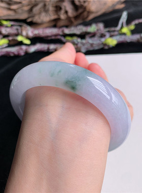6月新品 鸿玉翡翠58圈口冰糯种紫罗兰飘绿花正圈玉手镯女17F70626