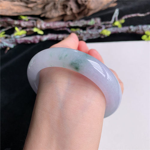 6月新品 鸿玉翡翠58圈口冰糯种紫罗兰飘绿花正圈玉手镯女17F70626