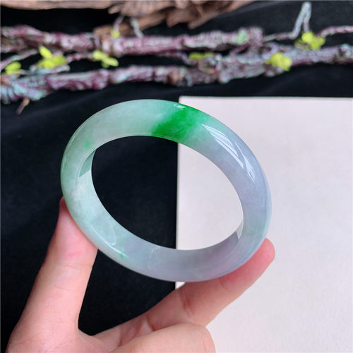 7月新品 鸿玉翡翠52圈口冰糯种紫底飘阳绿正圈玉手镯女款34F70708