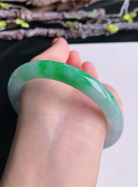 6月新品 鸿玉翡翠60圈口冰糯种飘阳绿圆条玉手镯女款正品21F70626