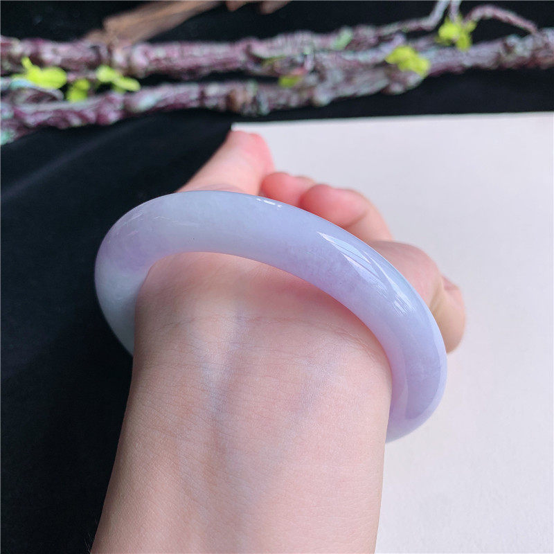 5月新品 鸿玉翡翠57圈口冰糯种紫罗兰圆条玉手镯女款正品5A30528