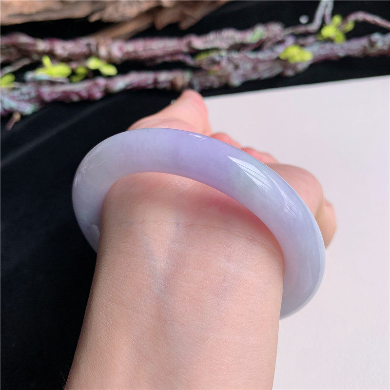 6月新品鸿玉翡翠55圈口冰糯种飘紫罗兰圆条玉手镯女款正品3X80530