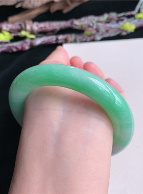 5月新品 鸿玉翡翠56圈口冰糯种飘阳绿圆条玉手镯女款正品3K10514