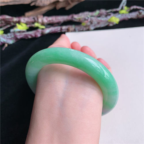5月新品 鸿玉翡翠56圈口冰糯种飘阳绿圆条玉手镯女款正品3K10514