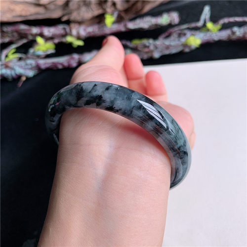 8月新品 鸿玉翡翠57圈口冰糯种浓乌鸡正圈玉手镯女款正品3B40731