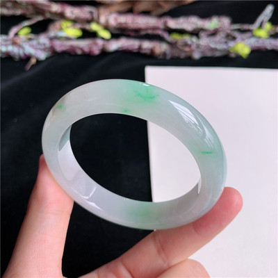 5月新品 鸿玉翡翠50圈口冰糯种飘绿正圈玉手镯女款正品7H50508
