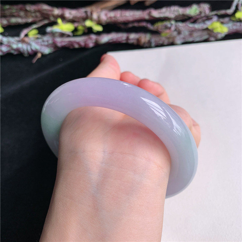 5月新品 鸿玉翡翠59圈口冰糯种紫罗兰三彩圆条玉手镯女款6Y90529