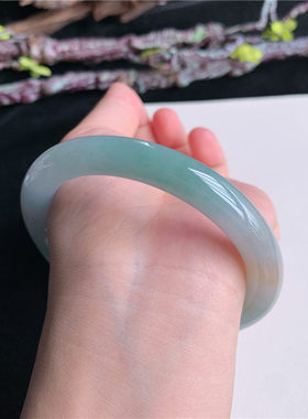 6月新品 鸿玉翡翠61圈口冰糯种双彩圆条玉手镯女款正品6Y90629