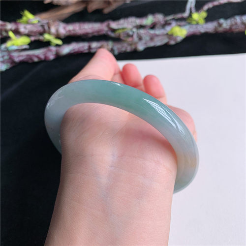 6月新品 鸿玉翡翠61圈口冰糯种双彩圆条玉手镯女款正品6Y90629