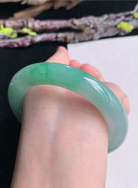 5月新品 鸿玉翡翠55圈口冰糯种飘绿圆条玉手镯女款正品22F70519