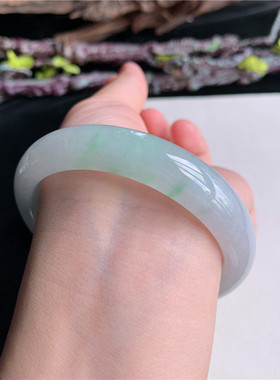 6月新品 鸿玉翡翠58圈口冰糯种飘绿正圈玉手镯女款正品9W40622