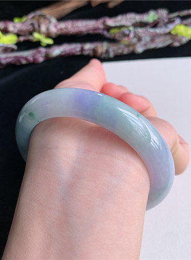 5月新品 鸿玉翡翠57圈口冰糯种紫底飘绿花正圈玉手镯女款79B90523