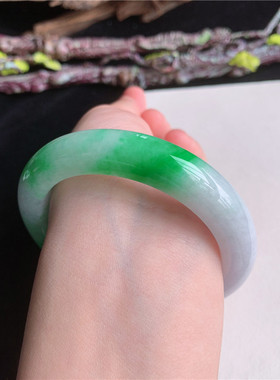 4月新品 鸿玉翡翠54圈口冰糯种飘阳绿正圈玉手镯女款 正品1A80429