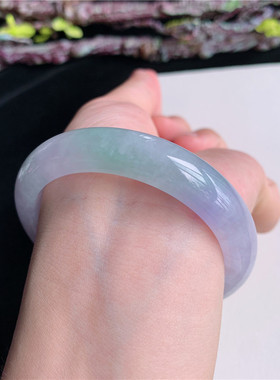 6月新品 鸿玉翡翠53圈口冰糯种紫罗兰飘绿正圈玉手镯女款4V60530