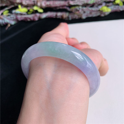 6月新品 鸿玉翡翠53圈口冰糯种紫罗兰飘绿正圈玉手镯女款4V60530