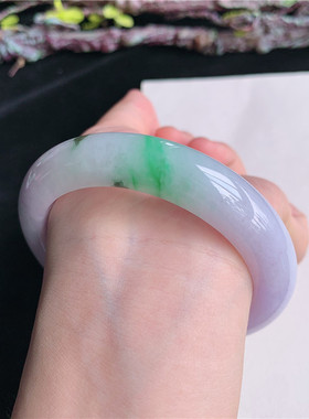 5月新品 鸿玉翡翠58圈口冰糯种春带彩正圈玉手镯女款正品34B90529