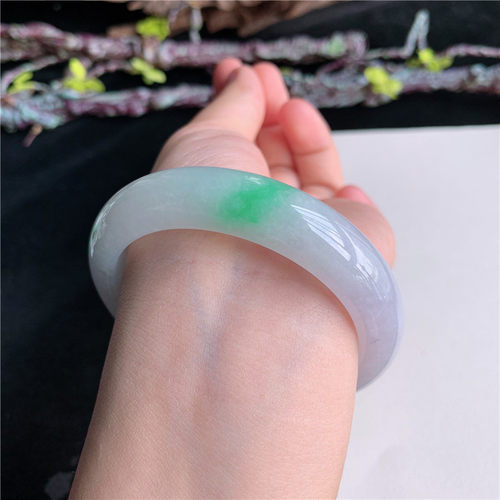 8月新品 鸿玉翡翠54圈口冰糯种紫底飘阳绿正圈玉手镯女款44T20806