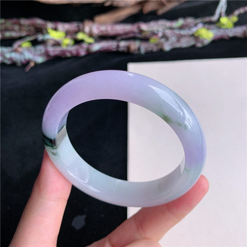 6月新品 鸿玉翡翠52圈口冰糯种紫罗兰飘绿花正圈玉手镯女29F70613