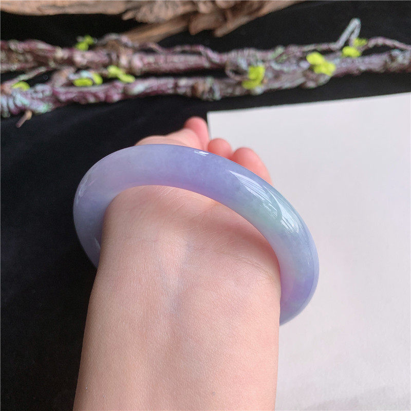 4月新品 鸿玉翡翠56圈口冰糯种浓茄紫圆条手镯正品6D10425