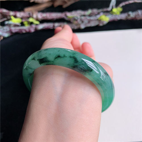 6月新品 鸿玉翡翠55圈口冰种晴水绿花正圈玉手镯女款正品22D10619