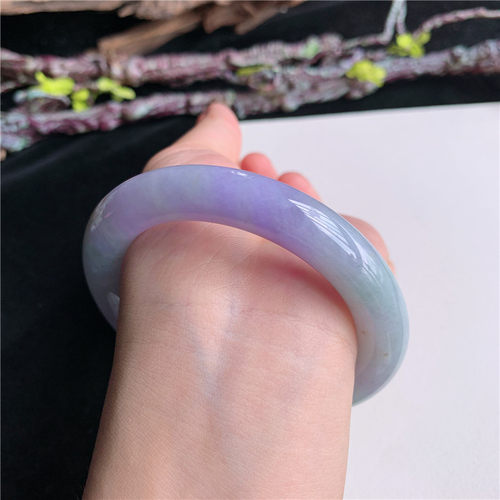6月新品 鸿玉翡翠57圈口冰糯种紫罗兰飘绿圆条玉手镯女款8Q90615