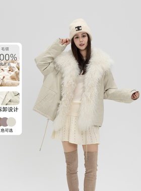 T6西伯利亚95白鹅绒羊毛皮草外套女可拆卸派克服羽绒服-N95H556J