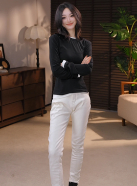 T6高腰米白色小脚加绒牛仔裤女休闲裤收腹神器修身靴裤-R25D365K