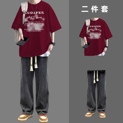 夏季男士酒红宽松短袖牛仔裤套装