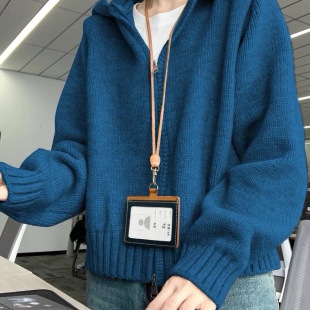 女秋冬2025新款 克莱茵蓝连帽拉链针织开衫 百搭宽松外套显瘦毛衣