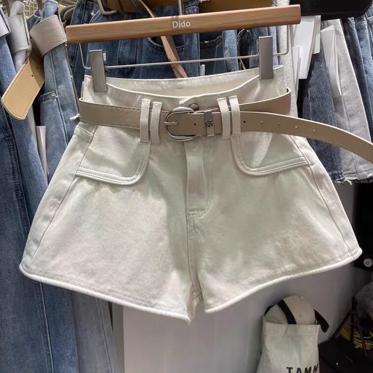 送皮带米杏色阔脚a字牛仔短裤女夏高腰显瘦韩版显腿长辣妹热裤