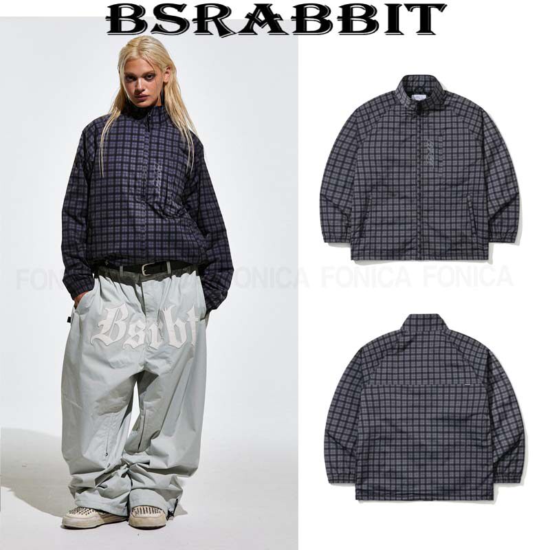 2627BSRABBIT韩国滑雪服拉链立领防水单板男女款格子开衫蓝色宽松