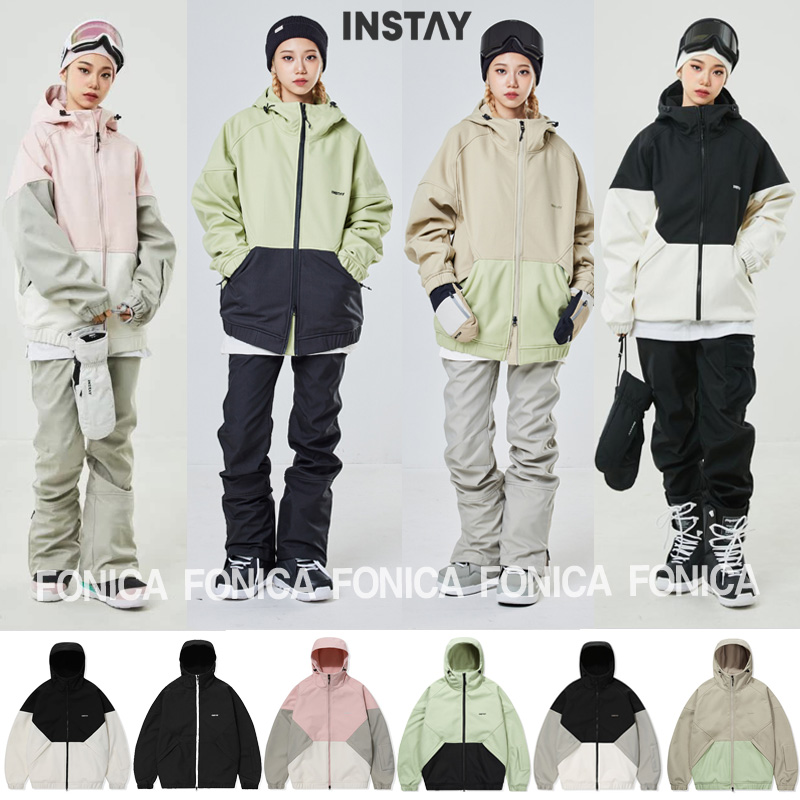 24INSTAY韩国滑雪服男女款双板单板耐磨防水连帽开衫粉色乳白色